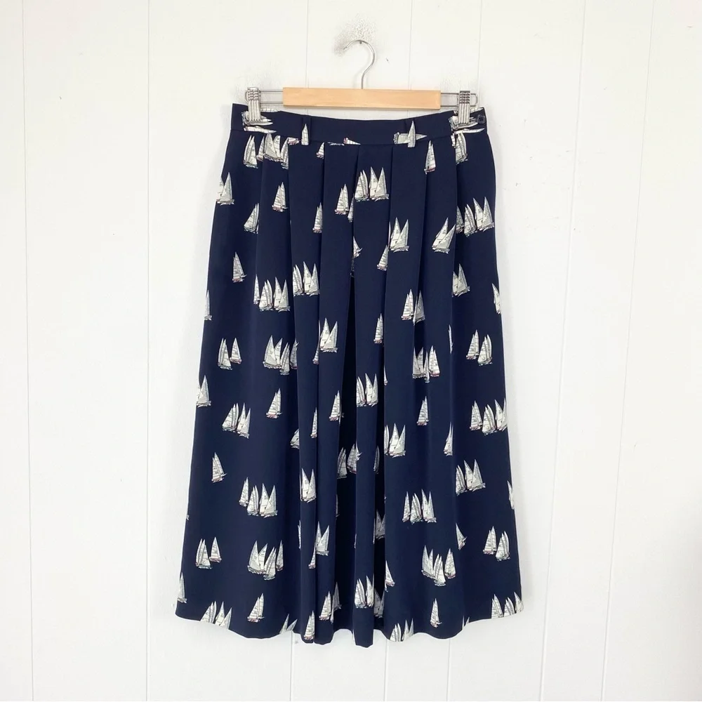 J.G. Hook Womens Midi Skirt 29” W Navy White Sailboat Pleated Nautical Pockets * - Picture 1 of 16